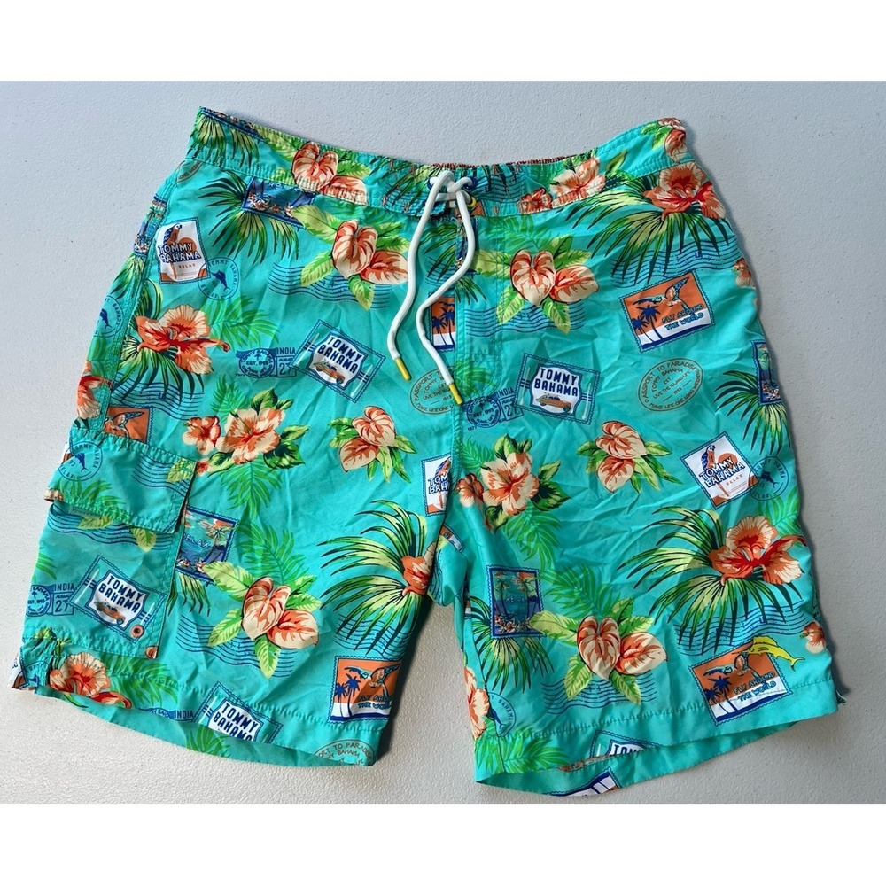 Tommy Bahama Mens L Blue Hibiscus Tropical Floral Mesh Swim Trunks Shorts Beach